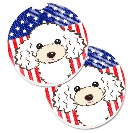 Carolines Treasures American Flag and White Poodle Set of 2 Cup Holder Car Coaster BB2187CARC
